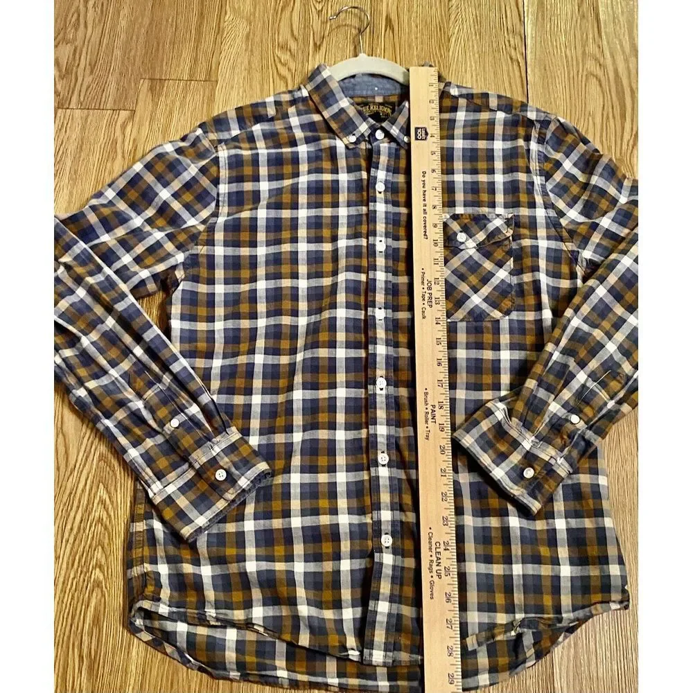 True Religion Men's Button Down Shirt Sz L Long Sleeve Blue Brown‎ Checkered